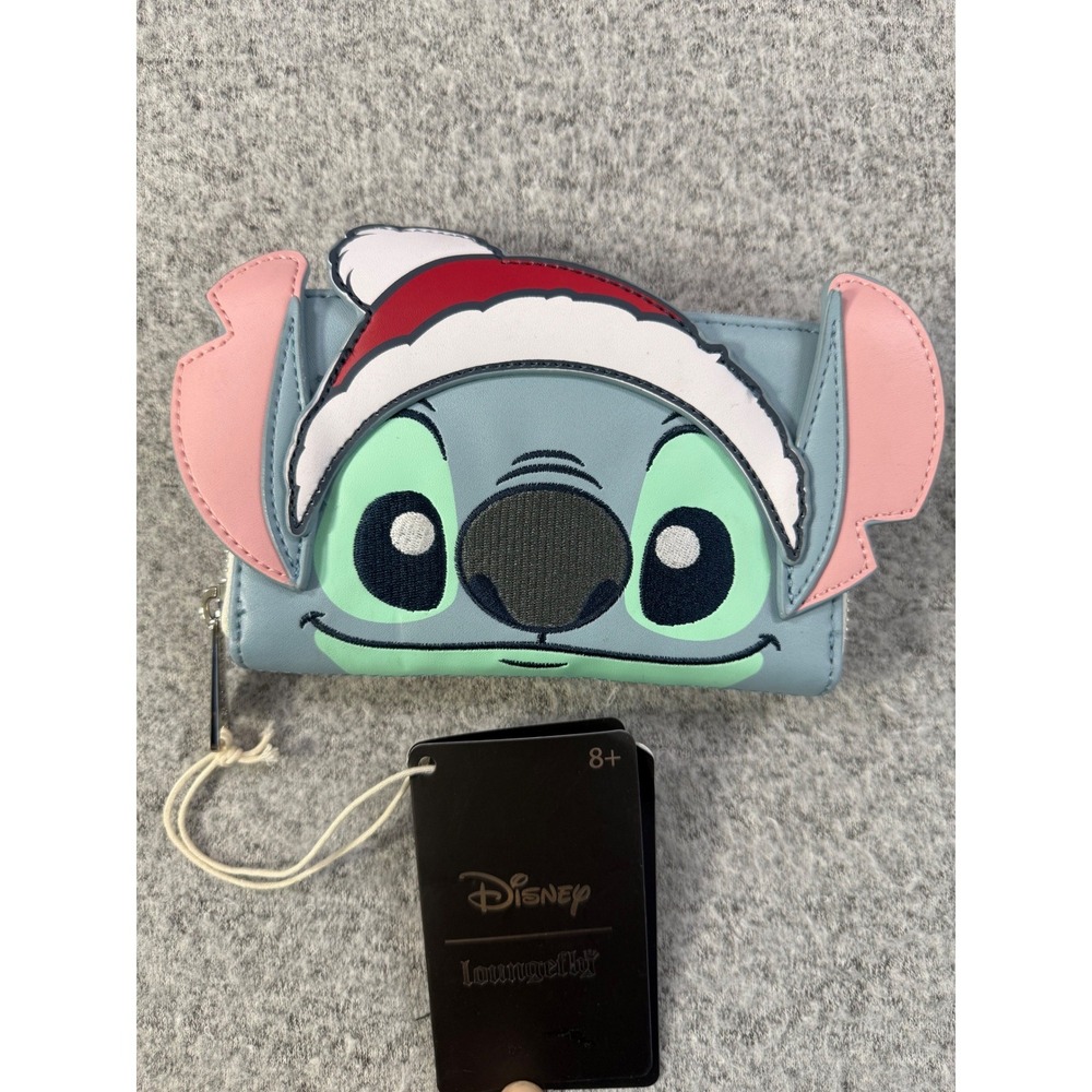Disney Loungefly Stitch Holiday Santa Hat Candy Cane Stripe Zip Around Wallet